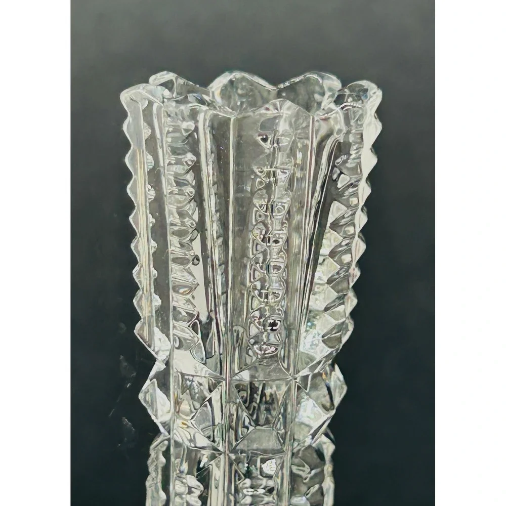 Vintage Clear Pressed Glass Bud Vase Sawtooth Rim Geometric Pattern 4.25 Inch